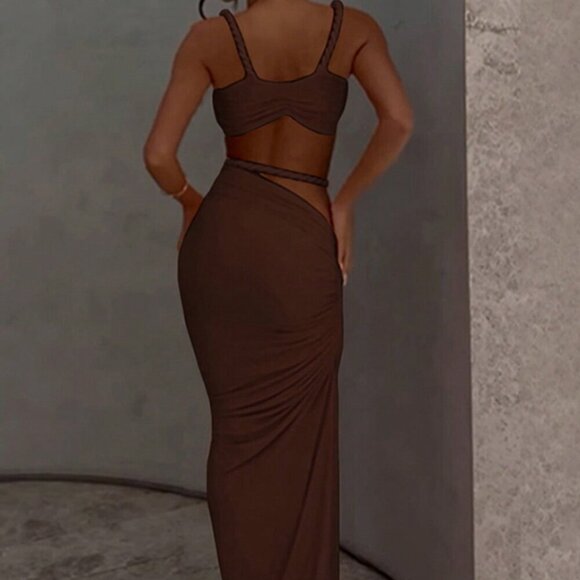 Coffee Women's Sexy Backless Camisole crop top and Hip Hugging maxi Skirt Set - Picture 3 of 5